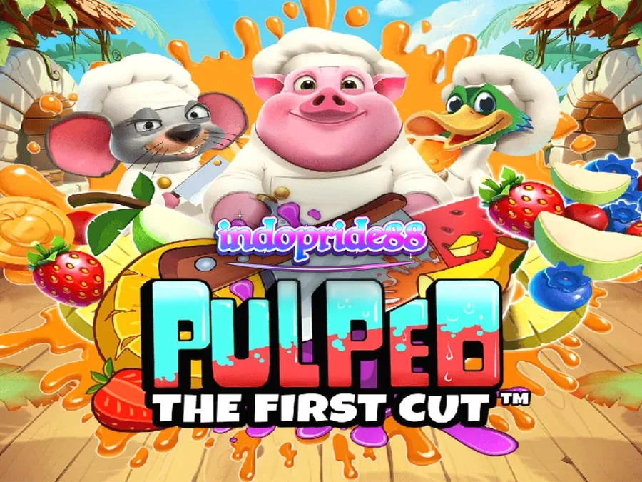 Tampilan visual cerah dan penuh warna dari slot Pulped: The First Cut dengan karakter koki hewan.